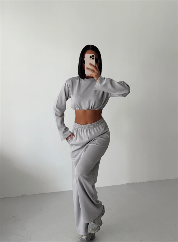 Bağcık Detay İkili Eşofman Takım Gri - Gri