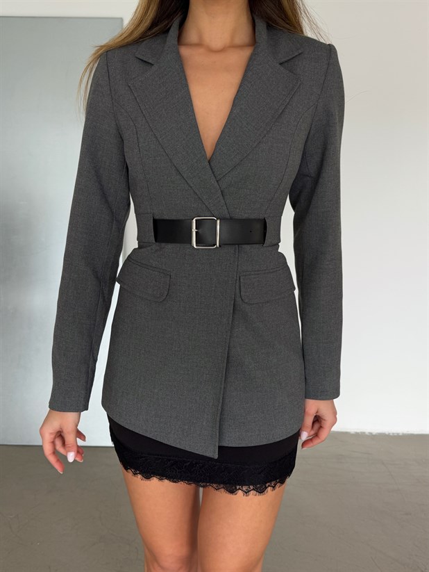 Poliviskon Kemerli Blazer Ceket - Antrasit