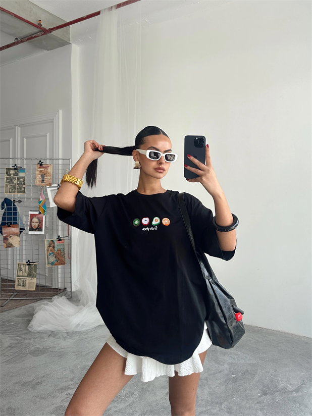 Fruit Nakış Basic T-shirt Siyah - Siyah