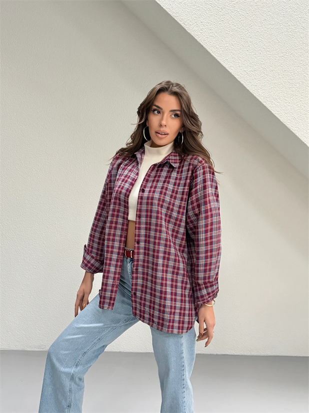 Kareli Oversize Gömlek - Bordo