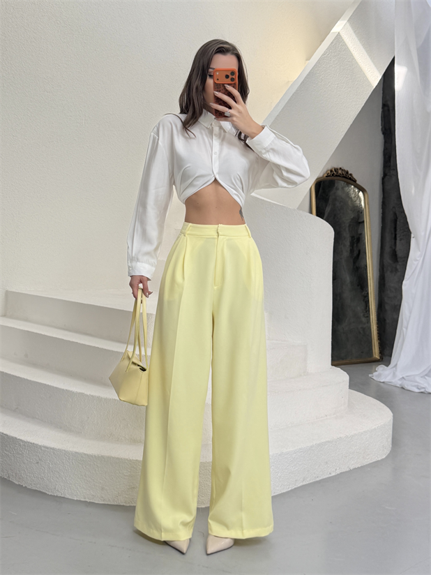 Çift Pileli Palazzo Pantolon - Sarı