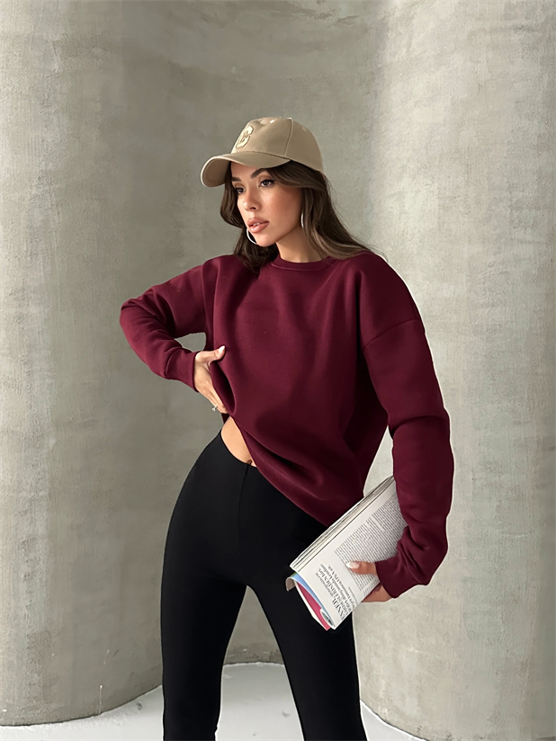 Düz Basic Sweatshırt - Bordo