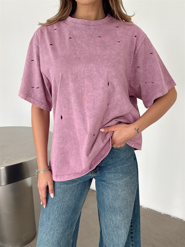 Delikli Yıkama T-shirt - Lila