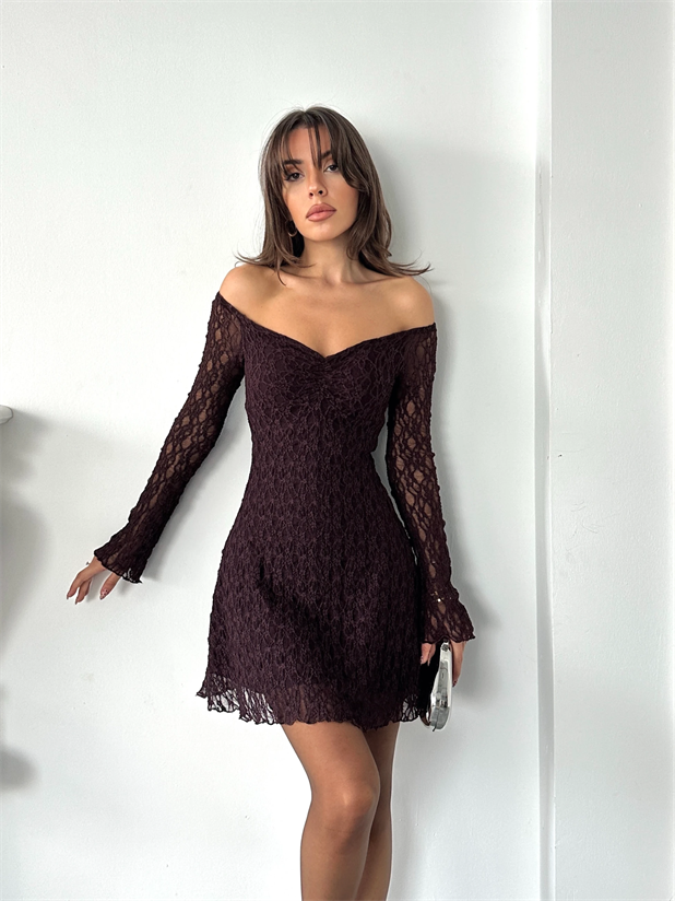 Mini Dantel Elbise - Mürdüm