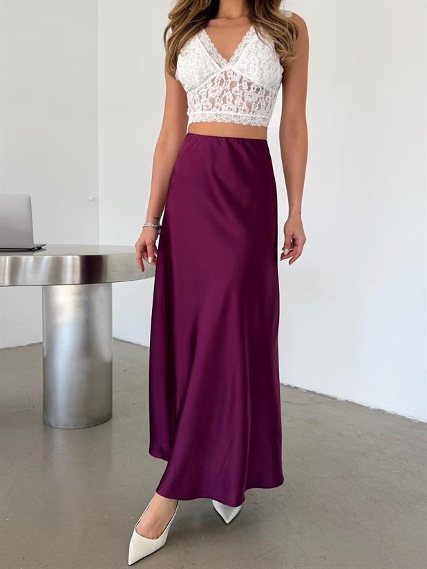 Uzun Krep Saten Etek - Mürdüm