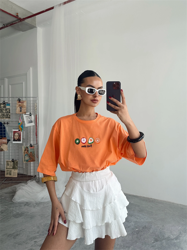 Fruit Nakış Basic T-shirt Turuncu - Turuncu