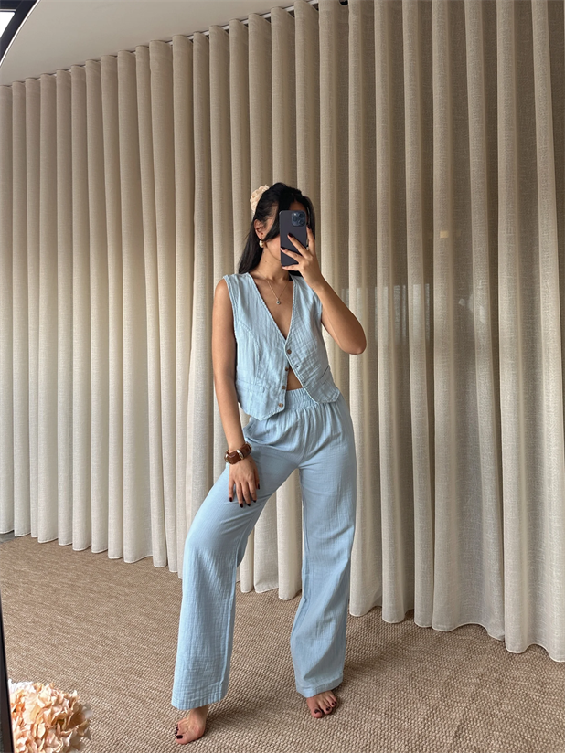 Bel Lastik Müslin Pantolon - Mavi