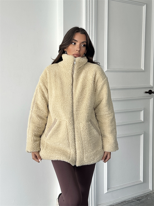 İç Astarlı Oversize Peluş Mont  - Taş