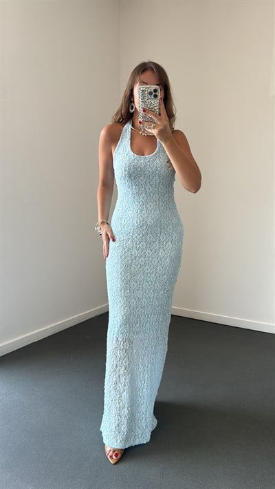 Arisu Bebe Mavi Halter Yaka Dantelli Maxi Elbise