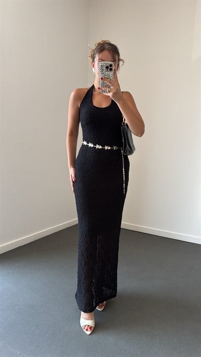 Arisu Siyah Halter Yaka Dantelli Maxi Elbise