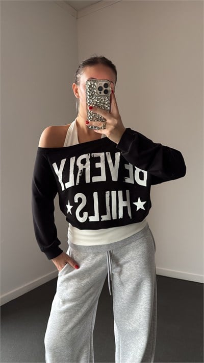Beverly Hills Siyah-Beyaz Atletli Sweatshirt
