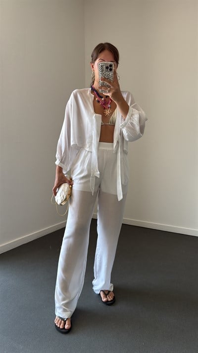 Biana Beyaz %100 Pamuk Bağlamalı Bluz Ve Pantolon Takımı