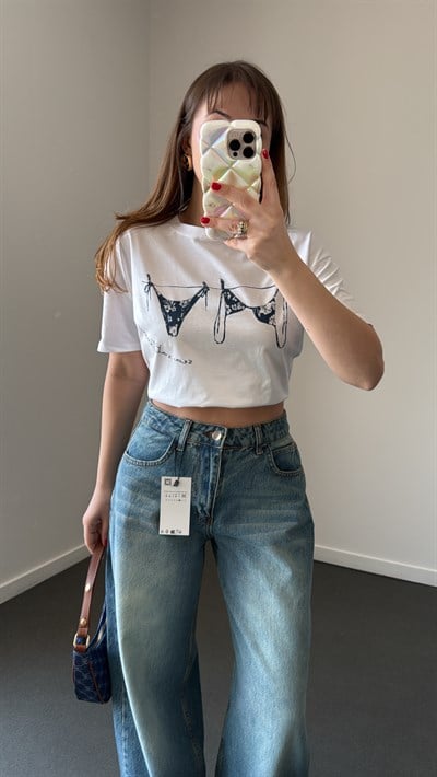 Bikini Baskılı Bisiklet Yaka Pamuklu Tshirt