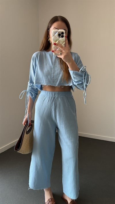 Choi Bebe Mavi Müslin Bluz Ve Pantolon Takım