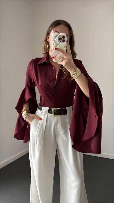 Cuphea Bordo Kolları Volanlı Pelerin Gömlek