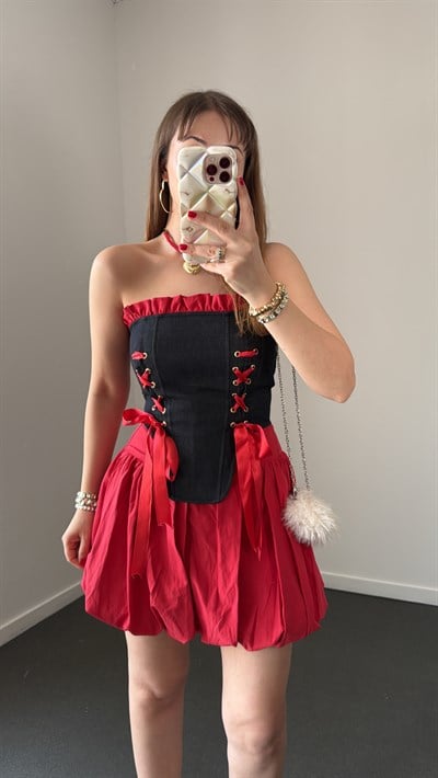 Darlene Kırmızı Korse Ve Balon Etek Takımı