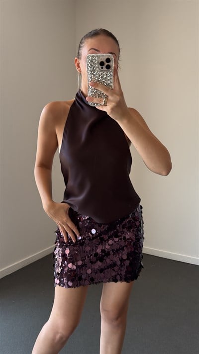 Denise Acı Kahve Halter Yaka Saten Top