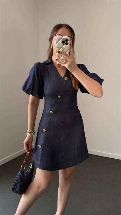 Fahriye Asimetrik Gold Düğmeli Karpuz Kol İnce Denim Elbise