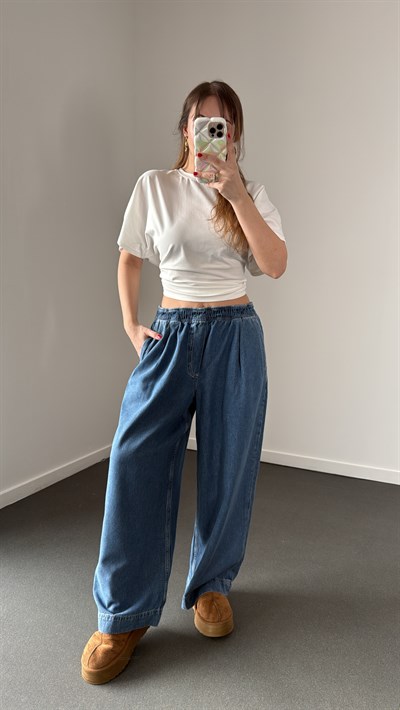 Genesis Denim Beli Lastikli Yan Cepli Dökümlü Pantolon