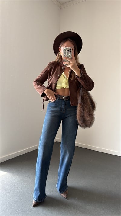 Isolde Vintage Yıkama Kahve Kemerli Straight Leg Jeans