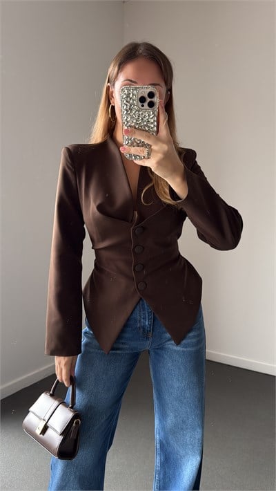 Kümele Kahve Düğmeli Beli Bağlamalı Blazer Ceket