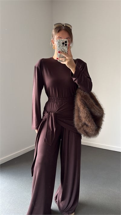 Leontine Acı Kahve Vatkalı Bluz ve Bağlamalı Pantolon Takımı