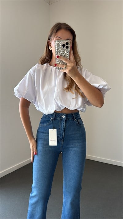 Luna Beyaz Balon Form Crop Bluz
