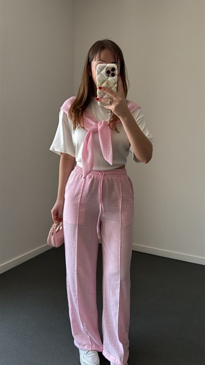 Minhi Pembe Modal Tshirt Ve Keten Karışımlı Pantolon Takımı