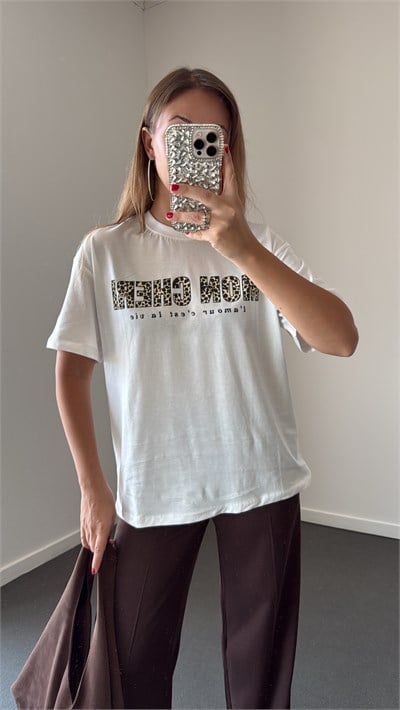 Mon Cherı Yazı Baskılı Beyaz Pamuk Tshirt