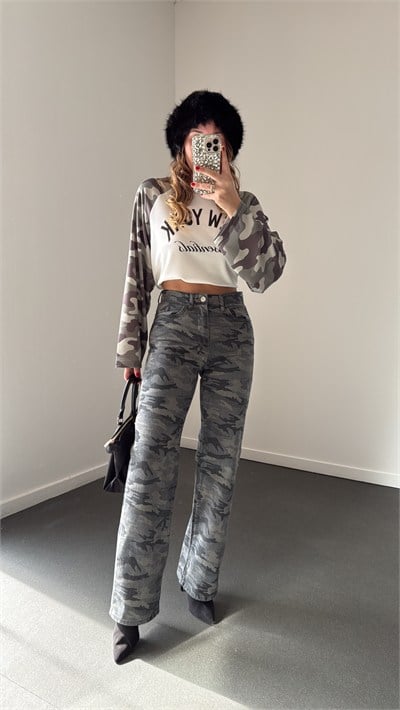 Moscow Kamuflaj Desenli Wide Leg Jeans