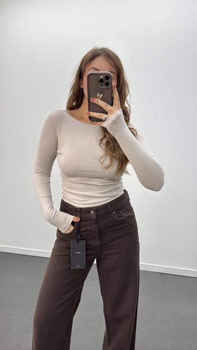 MS Bej Modal Kumaşlı Yumuşak Likralı Kayık Yaka Body