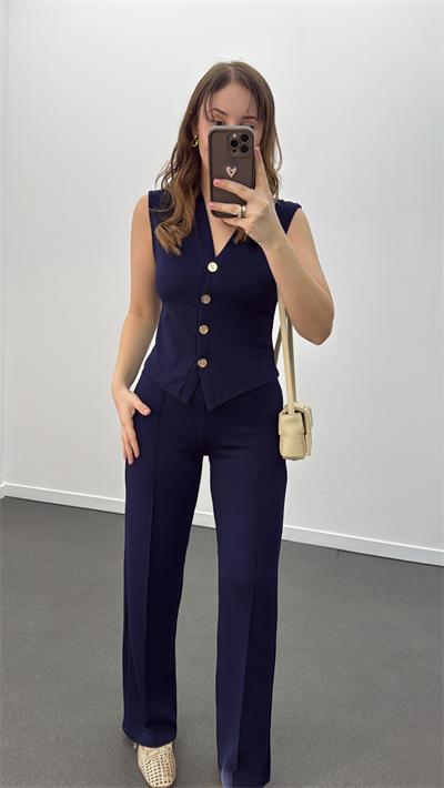 Nireya Lacivert Renk Modal Gold Düğmeli Yelek Ve Pantolon Takım
