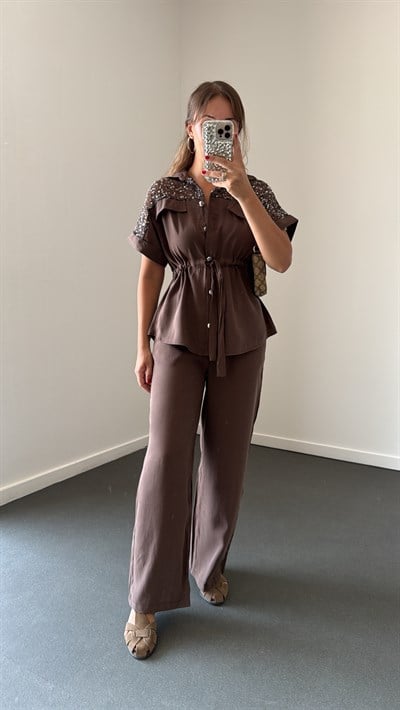 Orlina Kahve Modal Pul Payetli Bluz Ve Pantolon Takımı
