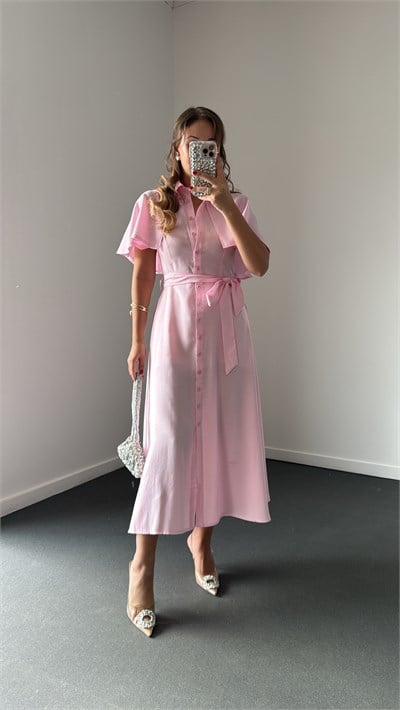 Pervine Pembe Pelerinli Düğmeli Maxi Elbise