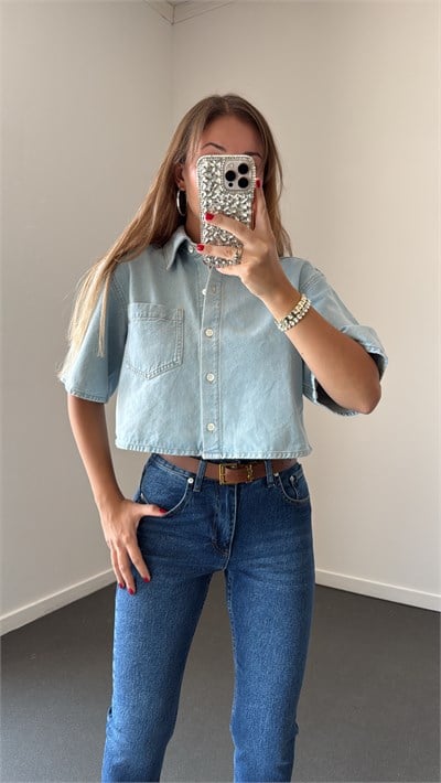 Reece Buz Mavi Kısa Kol Crop Kot Gömlek