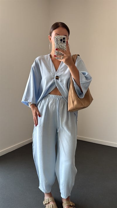 Reina Bebe Mavi Modal Kimono Ve Şalvar Pantolon Takımı