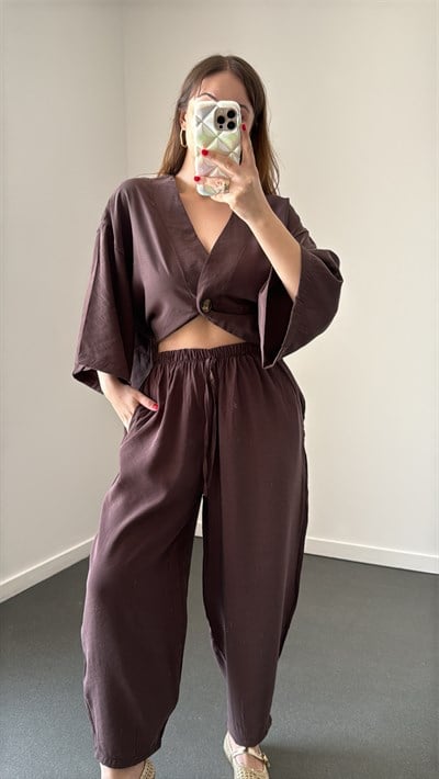 Reina Kahve Modal Kimono Ve Şalvar Pantolon Takımı
