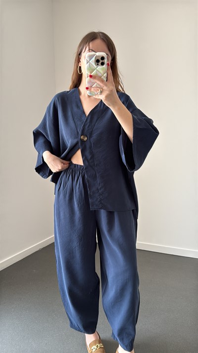 Reina Lacivert Modal Kimono Ve Şalvar Pantolon Takımı