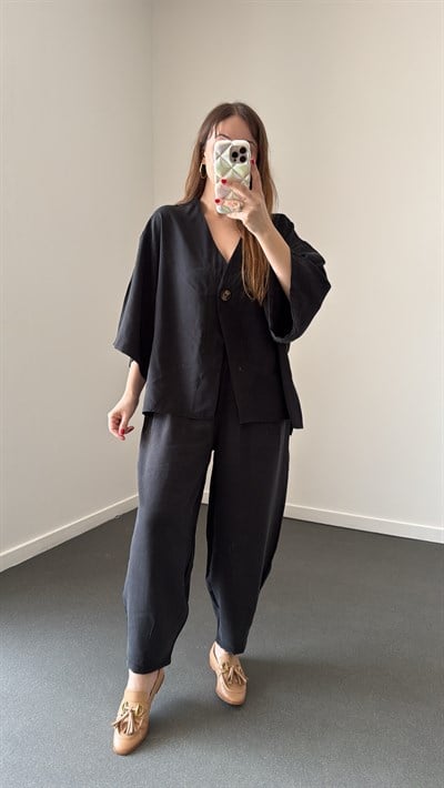 Reina Siyah Modal Kimono Ve Şalvar Pantolon Takımı