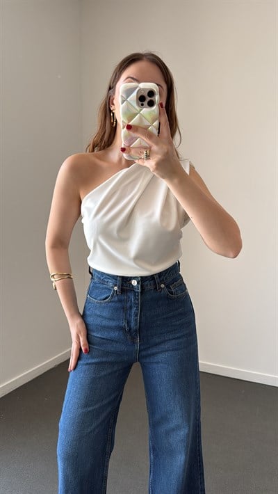 Roy Beyaz Tek Omuz Drapeli Bluz