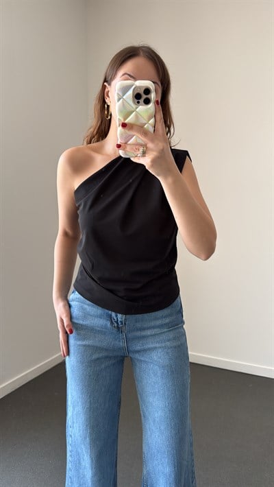 Roy Siyah Tek Omuz Drapeli Bluz