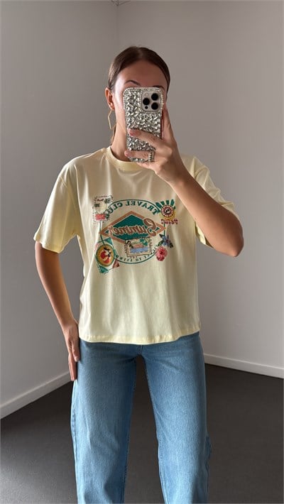 Summer Sarı Baskılı Pamuk Tshirt