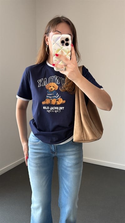 Sunday Lacivert Beyaz Ayıcık Baskılı Çift Renk Tshirt