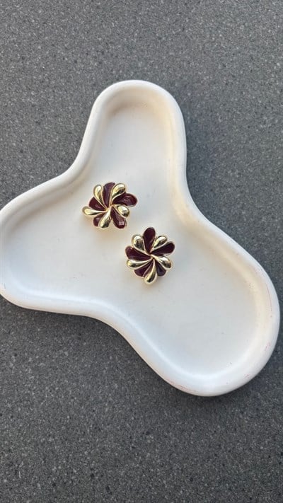 Tasia Bordo Gold Çiçek Küpe
