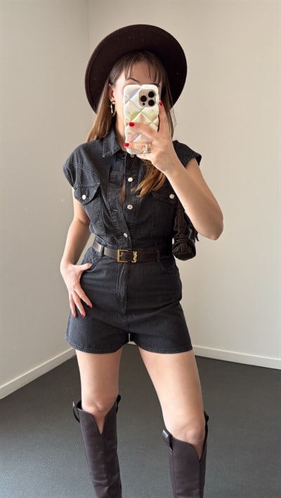 Tessa Antrasit Düğmeli Cepli Denim Tulum