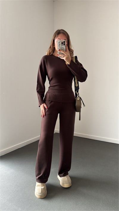 Velline Kahve Çapraz Bağlamalı Body ve Eşofman Takımı