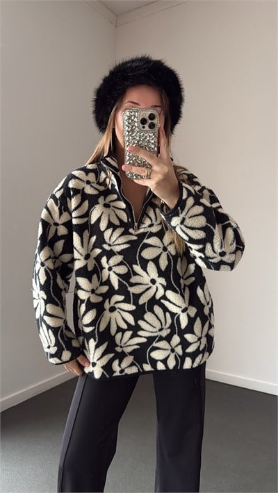 Wildora Beyaz Çiçek Desenli Fermuarlı Sweatshirt