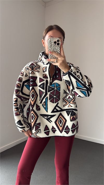 Wildora Bordo Desenli Fermuarlı Sweatshirt