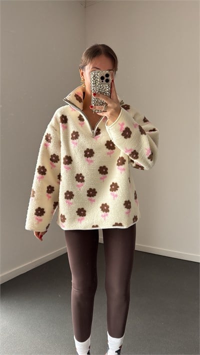Wildora Kahve Pembe Çiçek Desenli Fermuarlı Sweatshirt