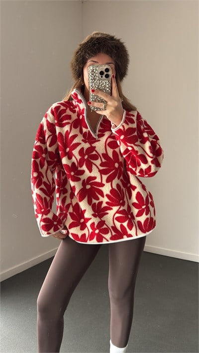 Wildora Kırmızı Çiçek Desenli Fermuarlı Sweatshirt